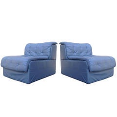 Pair of De Sede DS-11 Grey-Blue Leather Slipper Chairs