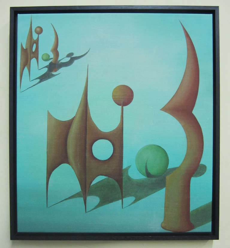 Abstract, slightly surrealist painting of three 3-dimensional structures against a mint green background. The unsigned canvas rests in a black painted wood frame.