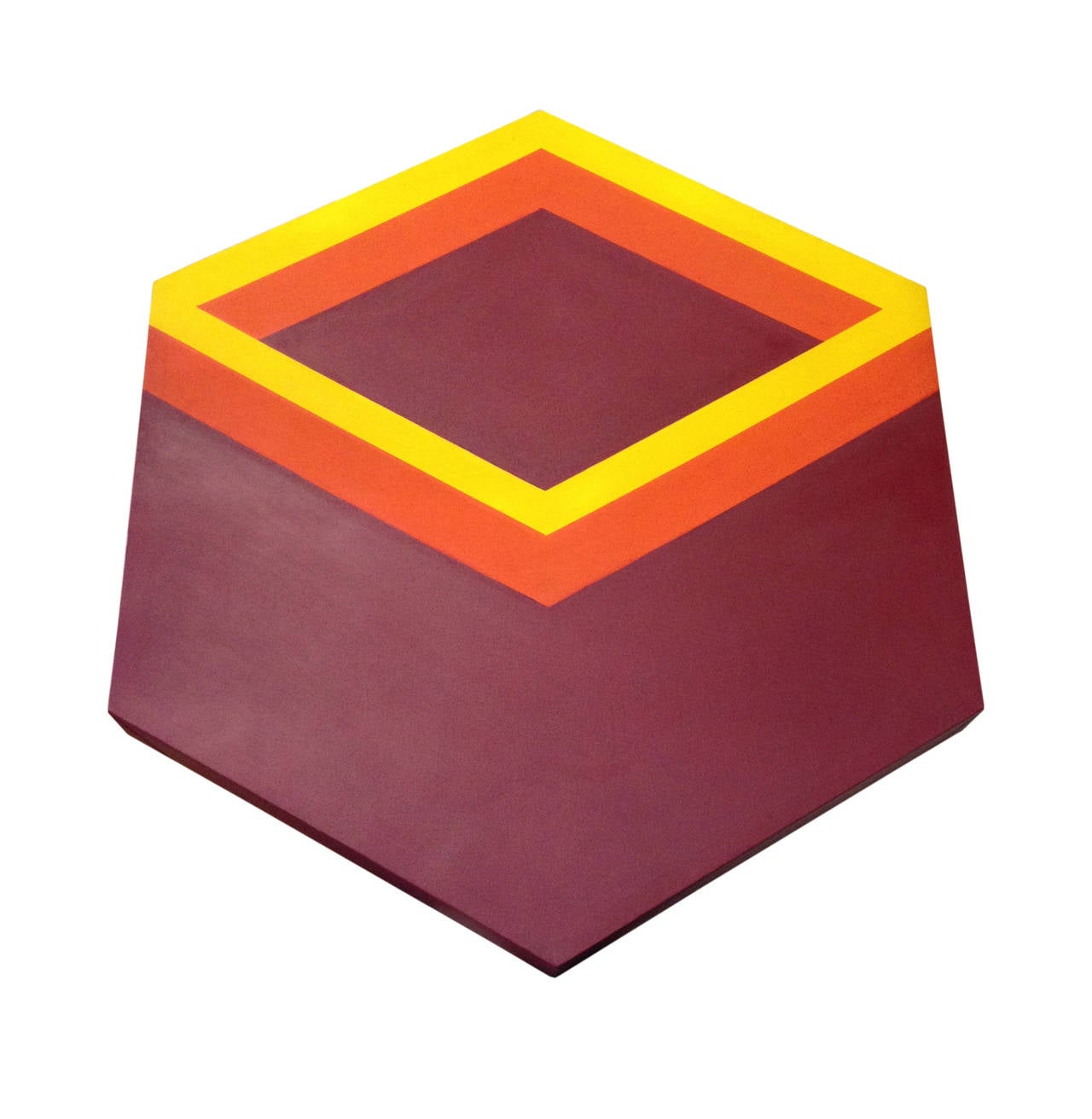 This hexagonal painting from the 1970s features an attention-grabbing diamond-shaped design in red, orange and yellow paint. This work does not need a frame as the design is wrapped around the edges of the canvas, enhancing the dynamic quality.