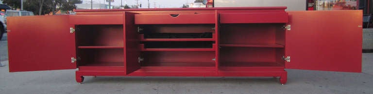 Impressive Red Lacquer Credenza / Buffet / Sideboard In Excellent Condition In Pasadena, CA