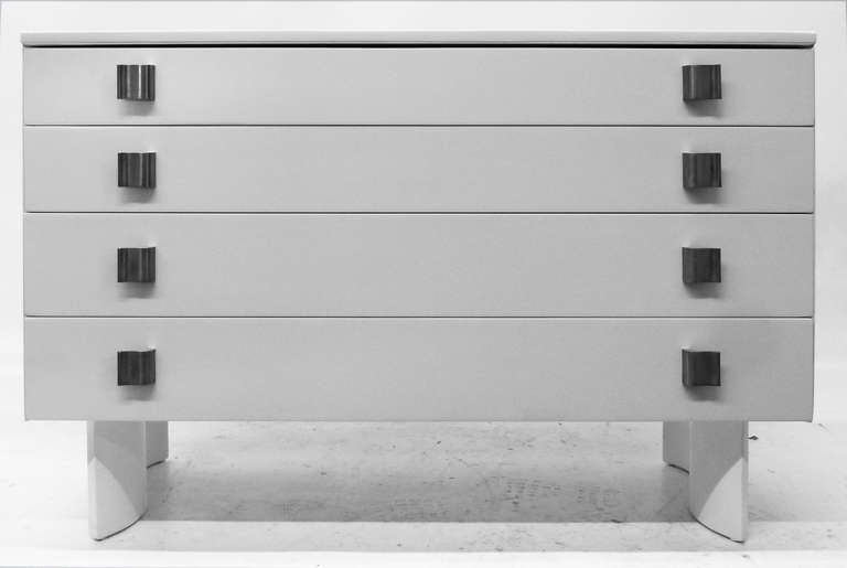 This chest with four drawers was designed in 1948 by Eliel Saarinen (1873-1950) and Eva Lisa (Pipsan) Saarinen Swanson (1905–1979) for the Johnson Furniture Company of Grand Rapids, Michigan. The Johnson Furniture Company seal is branded into the