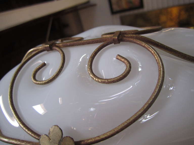 Milk White  Murano Caged Glass and Brass Pendant In Excellent Condition In Pasadena, CA