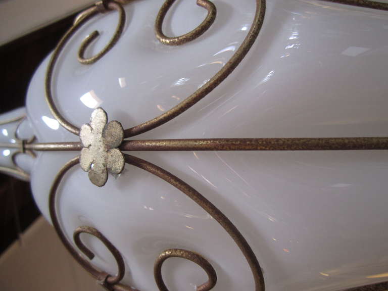 Mid-20th Century Milk White  Murano Caged Glass and Brass Pendant