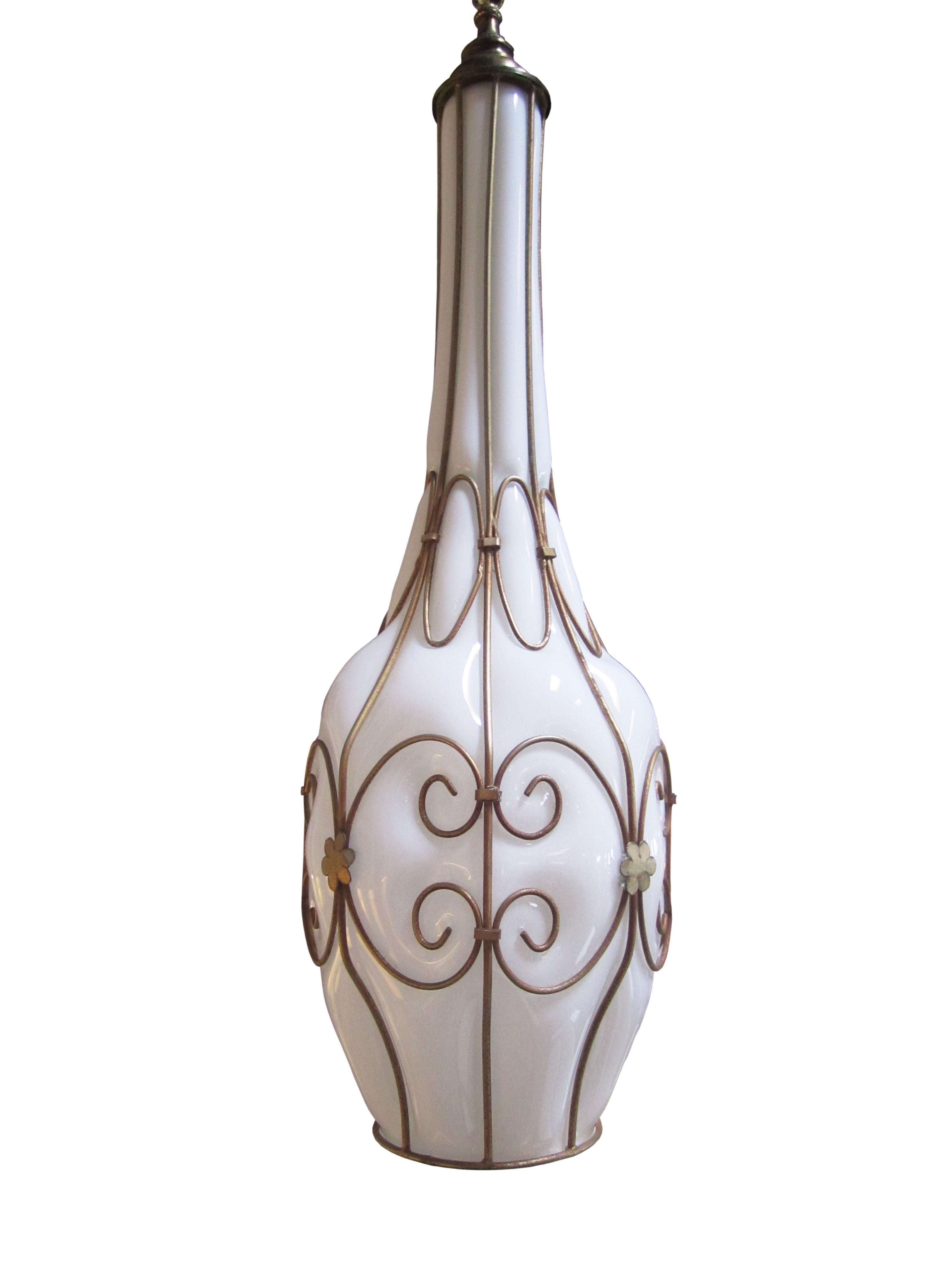 Milk White  Murano Caged Glass and Brass Pendant