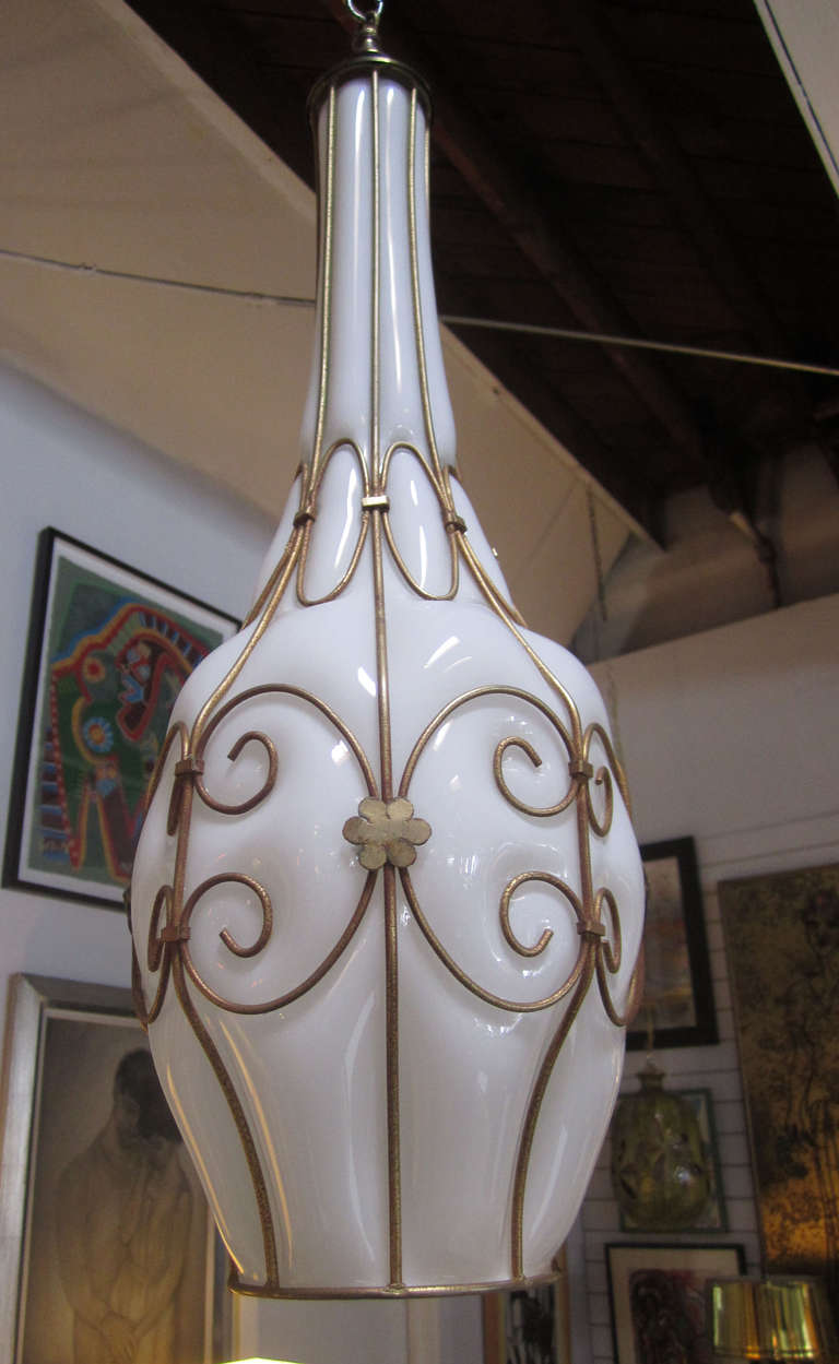 Mid-Century Modern Milk White  Murano Caged Glass and Brass Pendant