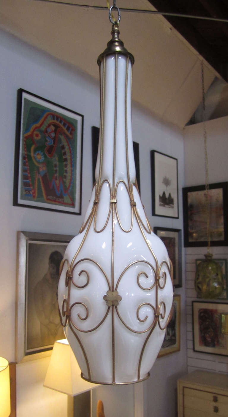 Italian Milk White  Murano Caged Glass and Brass Pendant