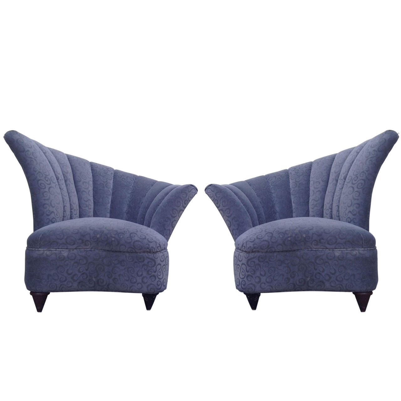 Pair of Hollywood Regency Scalloped Asymmetrical Lounge Chairs