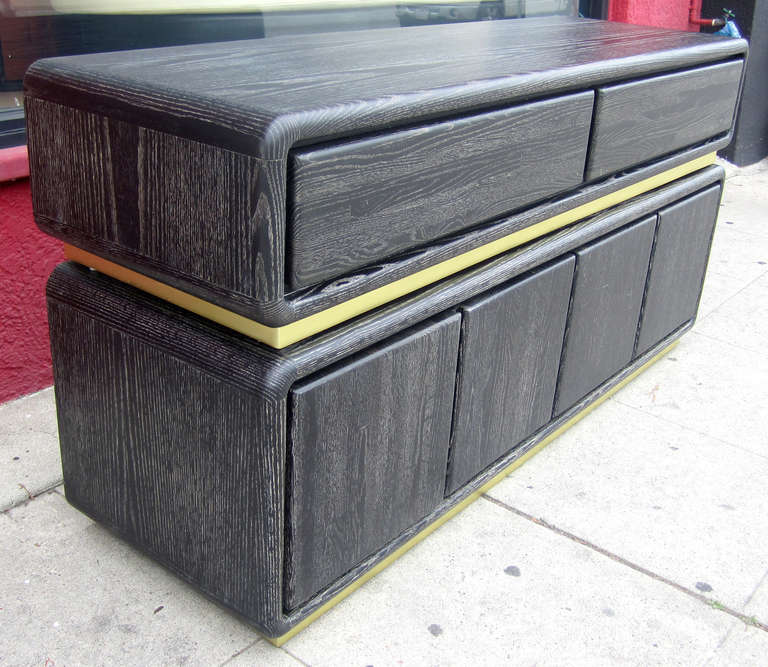 Two-Tier Cerused Cabinet with Brass Banding In Excellent Condition In Pasadena, CA