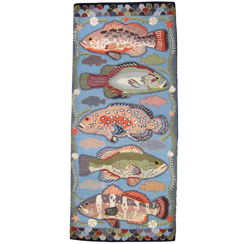 Unusual Hooked Rug with Fish Motif at 1stDibs