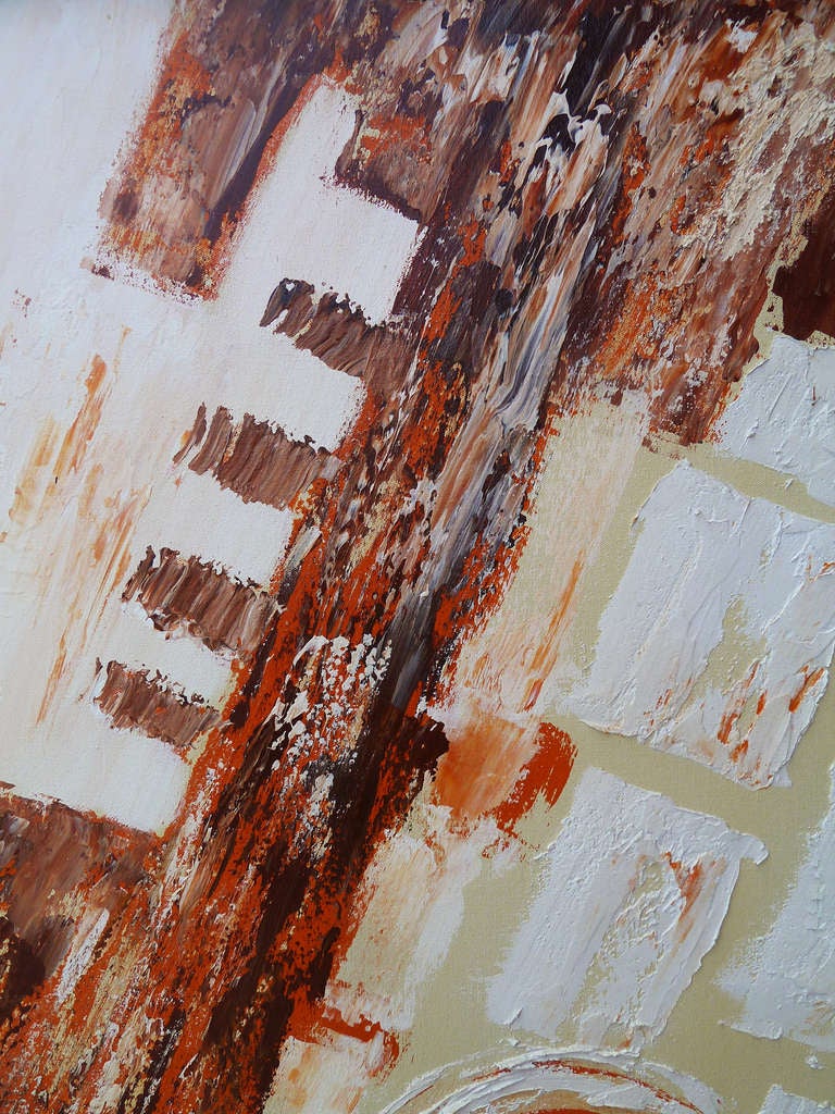 This oil painting features an orange circle as the focal point surrounded by structural lines and grids rendered in expressive white and orange strokes. The piece is signed in the lower right corner, 