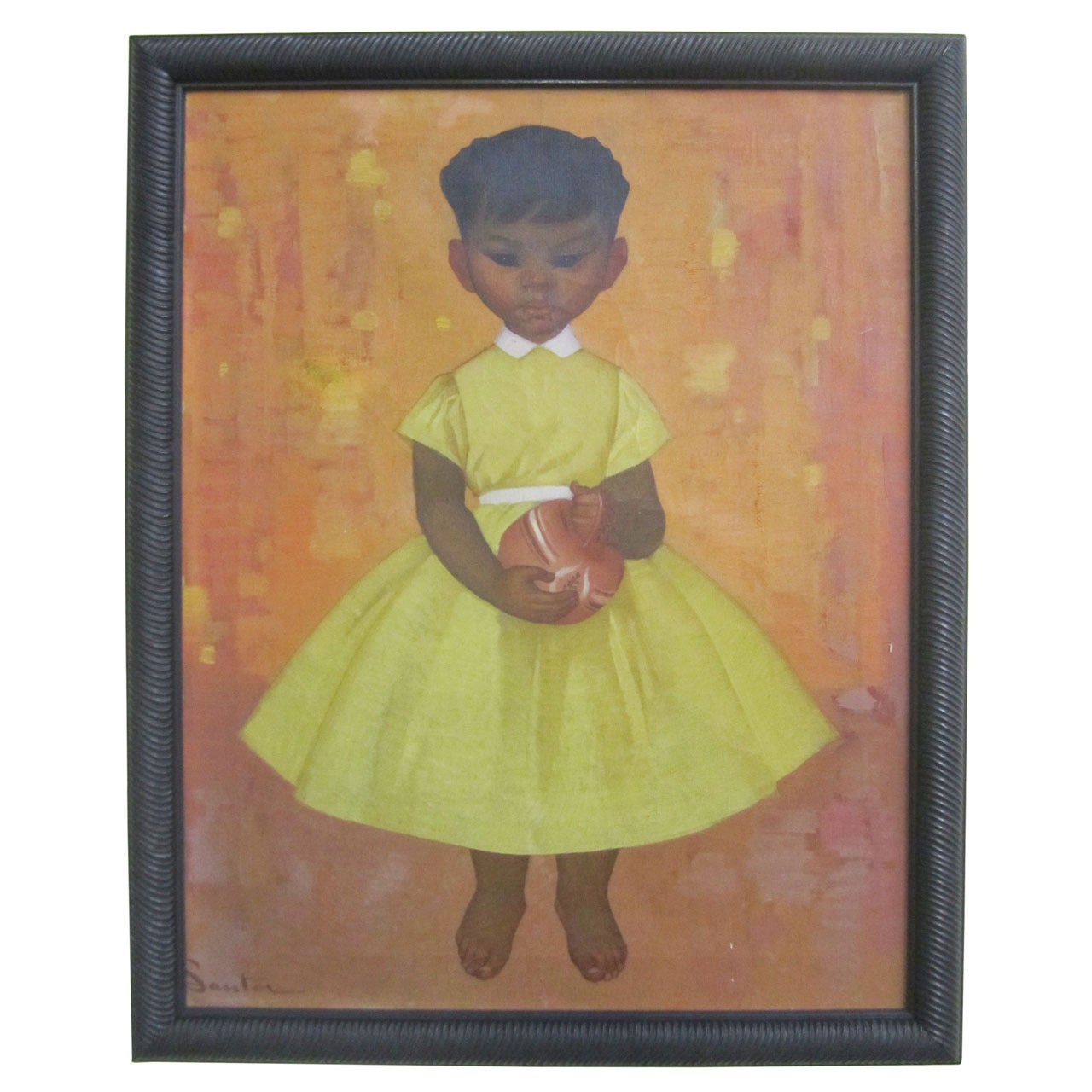 Mid-Century Oil Painting of Little Girl by Santos
