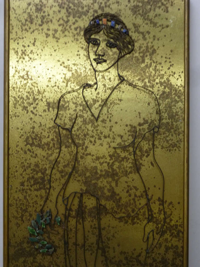 This early work by listed American artist Nathan Cabot Hale (b. 1925) features a classic maiden rendered in iron and embellished with colorful enamel. The welded figure is set off by brass-toned, oxidized metallic paper over board. The piece is