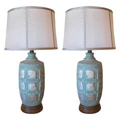 Pair of Maya Glyph Ceramic Lamps with Faux Copper Oxidized Finish 6