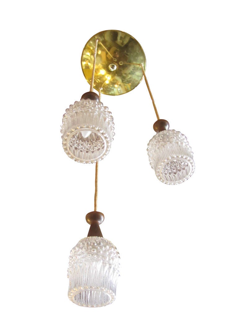 Mid-Century Modern French  Modern Three Light Pendant in Walnut and Glass
