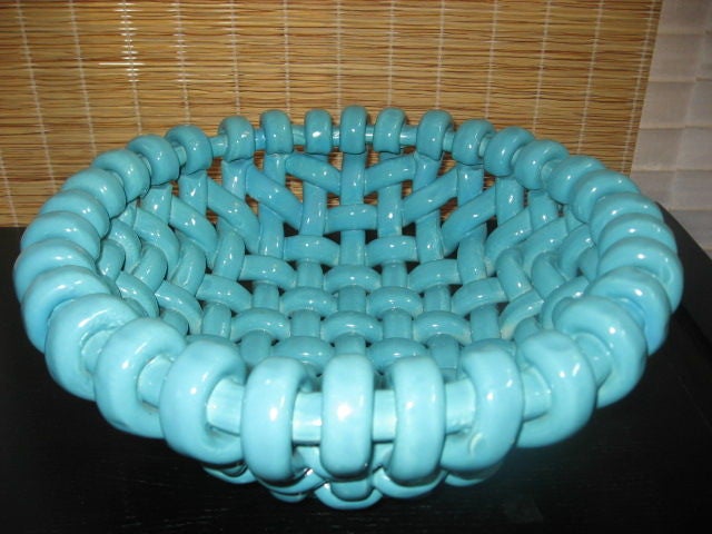 This handsome turquoise ceramic bowl has a very delicate hand-woven rope-like appearance. <br />
Clément, Jérôme & Delphin were three brothers from a family of potters in Vallauris, southern France. All three worked in the family business of Jérôme