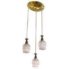 Vintage French  Modern Three Light Pendant in Walnut and Glass