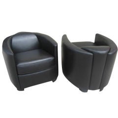 Pair of French Deco  Black Leather Club Chairs