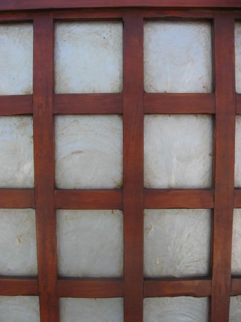 Carved Mid-Century Four Panel Abalone and Mahogany Screen