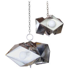Geometric French Pendant Lamps in Chrome, Pair