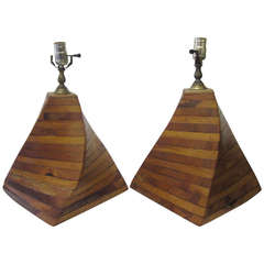 Stacked Wood Pyramid Lamps, Pair