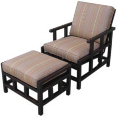 Dark   Stained Wood Comfortable Lounge Chair with ottoman