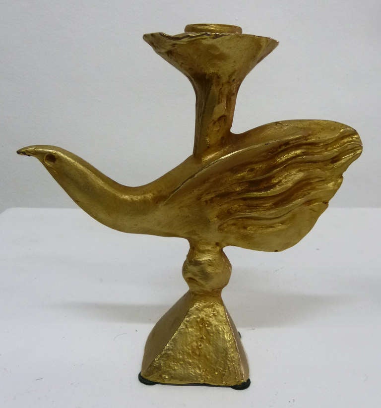 Gilt Bronze Dove Candlestick by Pierre Casenove for Fondica In Excellent Condition In Pasadena, CA