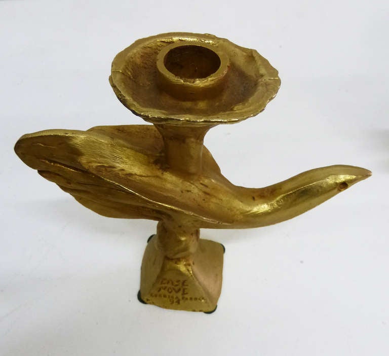 French Gilt Bronze Dove Candlestick by Pierre Casenove for Fondica