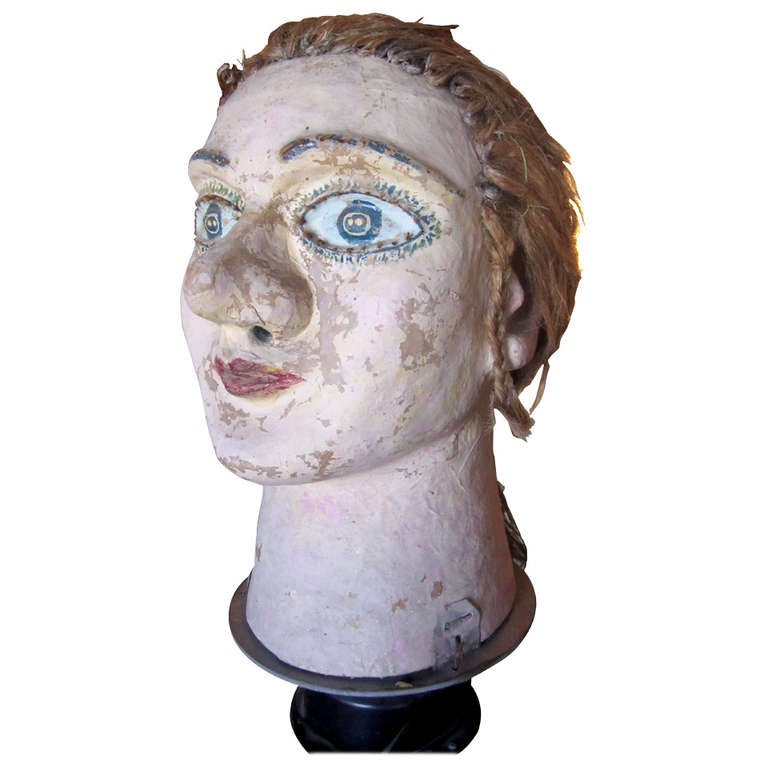 Rotating Carnival Head of Woman in Paper Mache and Hair