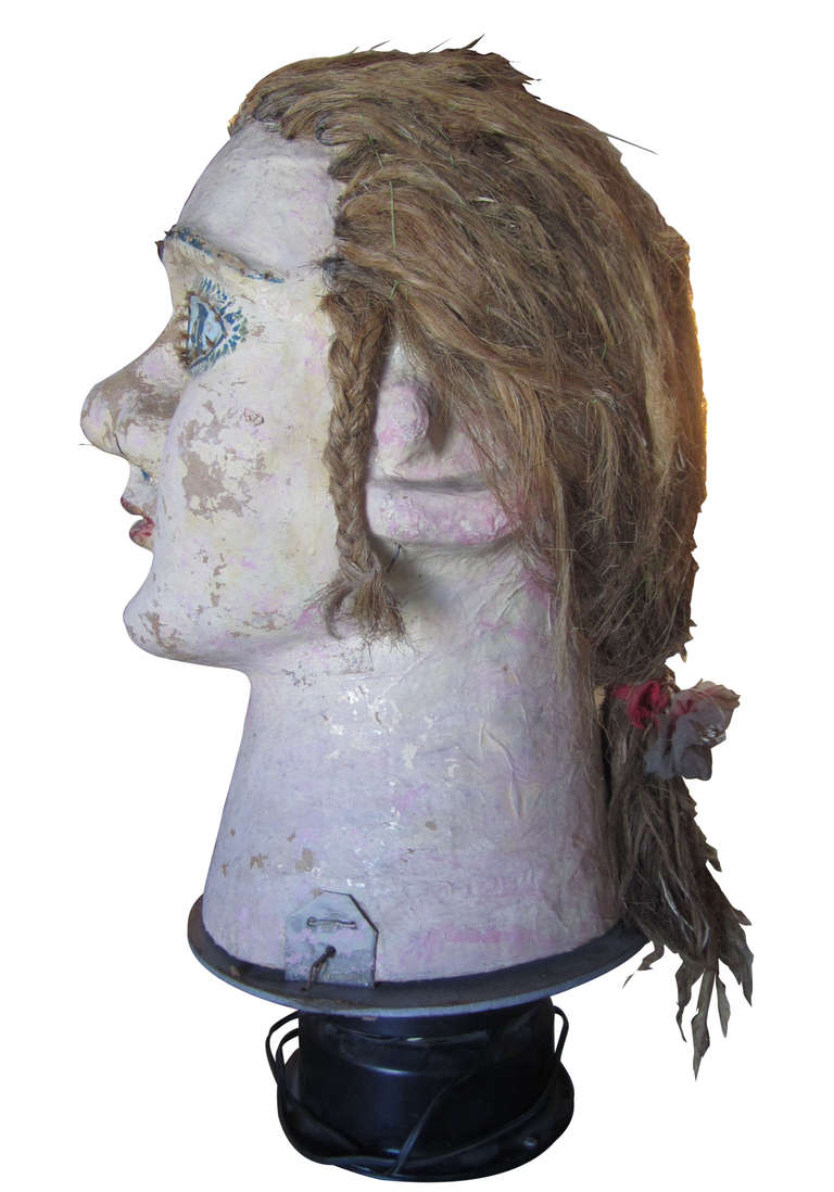 American Rotating Carnival Head of Woman in Paper Mache and Hair