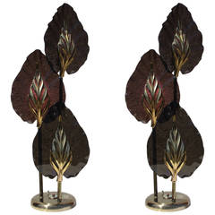 Smoked Lucite and Brass Three Leaves Table Lamps, Pair