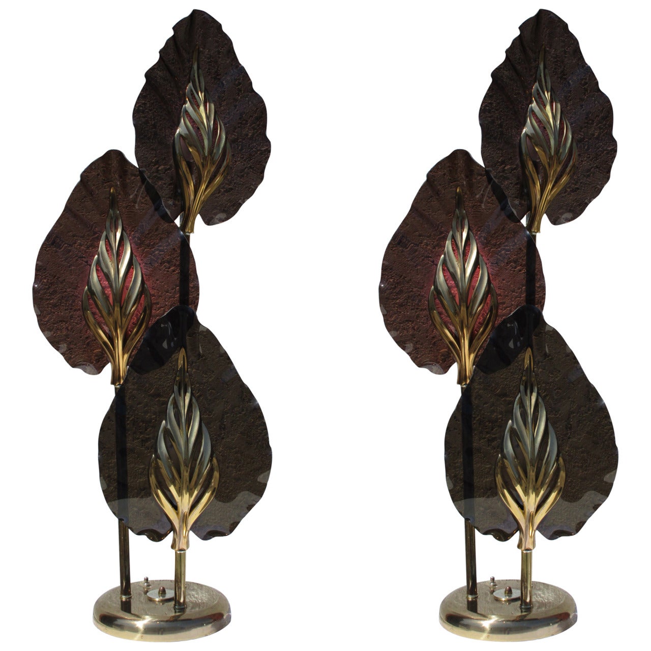 Smoked Lucite and Brass Three Leaves Table Lamps, Pair