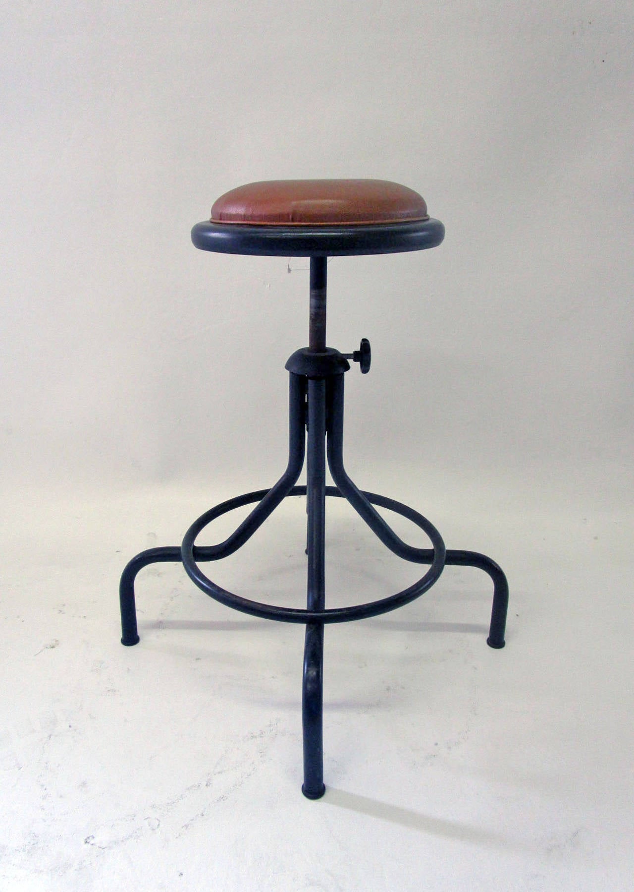 American Industrial Style Set of Four Adjustable Industrial Stool with Leather Seat
