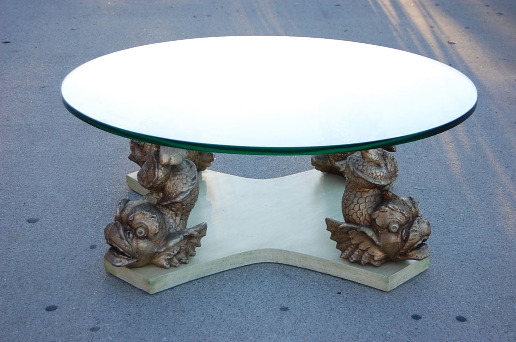French Coffee Table with Plaster Dolphins in the Manner of  Serge Roche