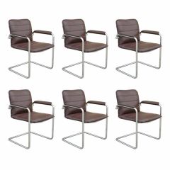 Set of 6 Chrome and  Brown  Leather Cantilevered  Chairs