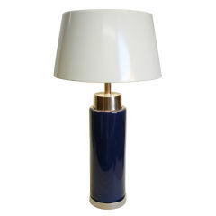 Tall blue Ceramic Lamp with White Metal Shade
