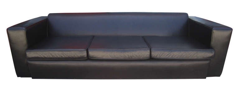 American Aerodynamic Black Leather Sofa in the Style of Paul Frankl