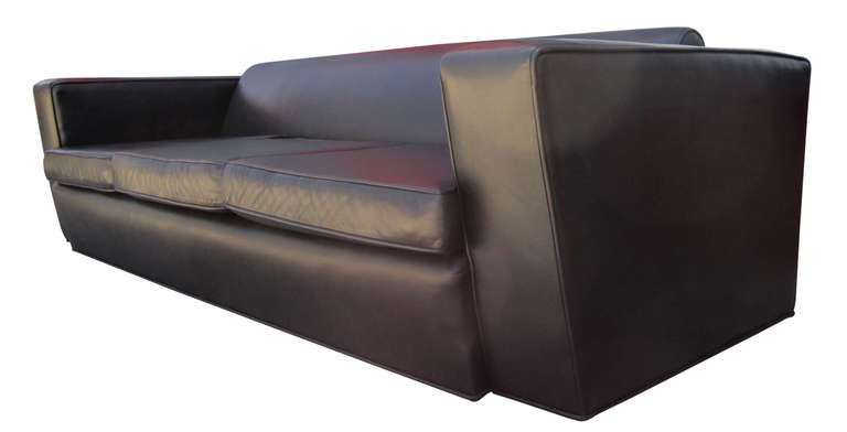 Mid-20th Century Aerodynamic Black Leather Sofa in the Style of Paul Frankl