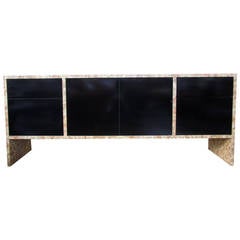 Unusual Faux Black Lacquer and Burled Wood Credenza or Buffet
