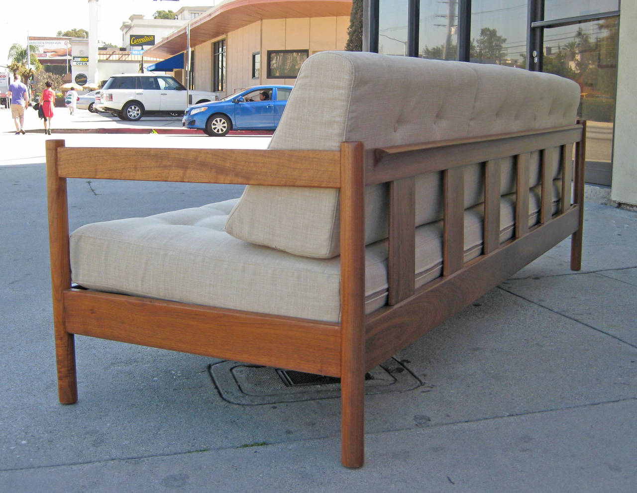 Danish teak sofa with its matching chair upholstered in cream canvas.
Very comfortable!

The listed dimensions are for the sofa.
Here are the chair ones:
31