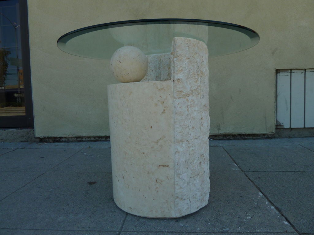 Small side table constructed of a glass top surface and  a tessellated marble base by Magnussen Presidential Furniture Company. The matching coffee table are available too.