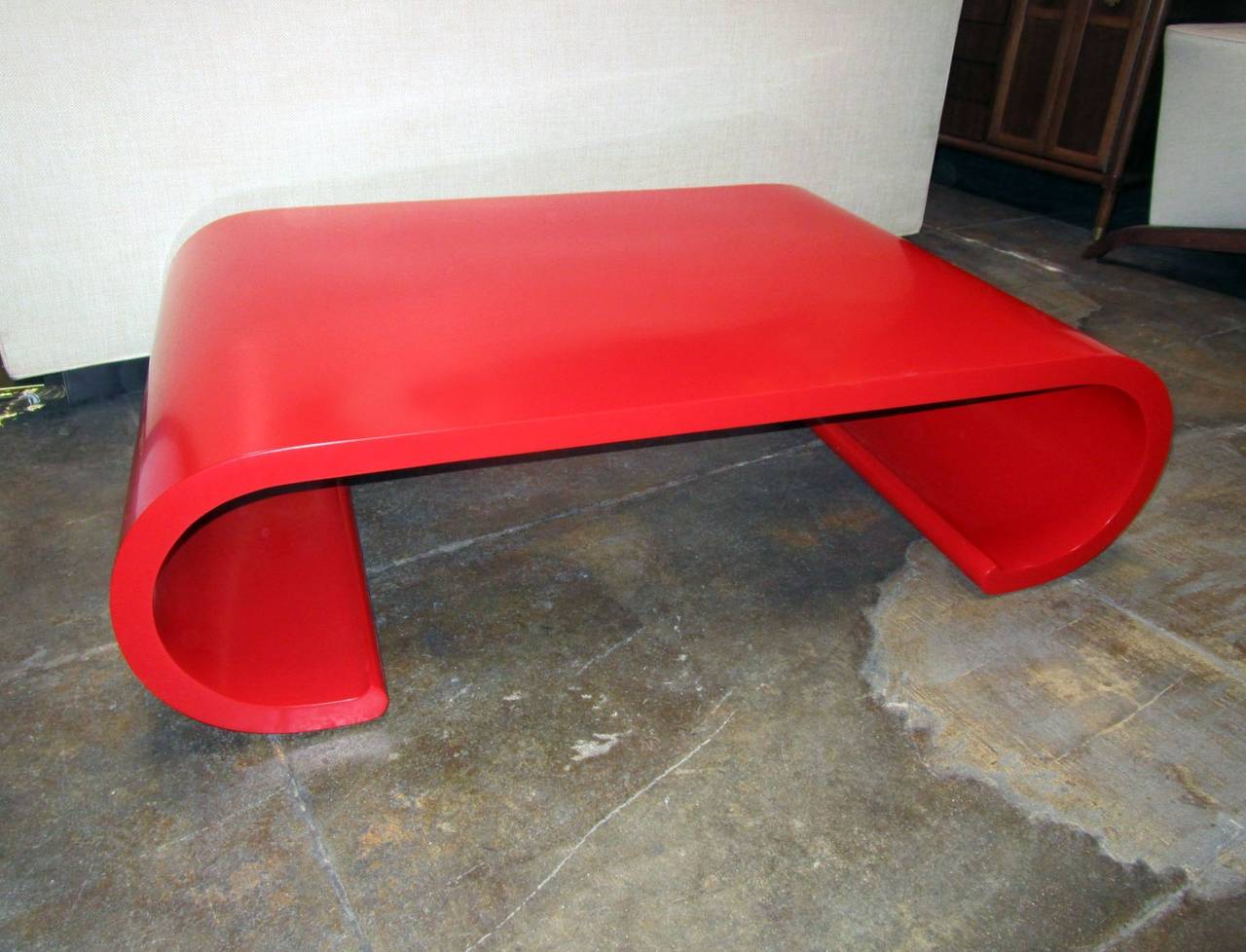 Chic Red Lacquer Scroll Coffee Table in the Manner of Karl Springer In Excellent Condition In Pasadena, CA