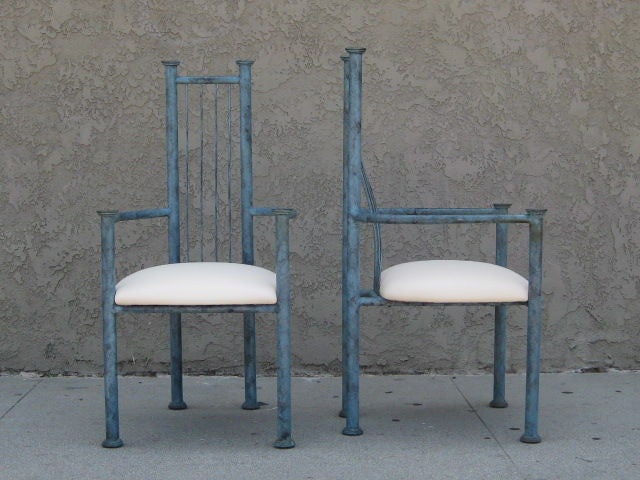 Late 20th Century Sturdy Blue Patinated Metal Chairs, Set of Four
