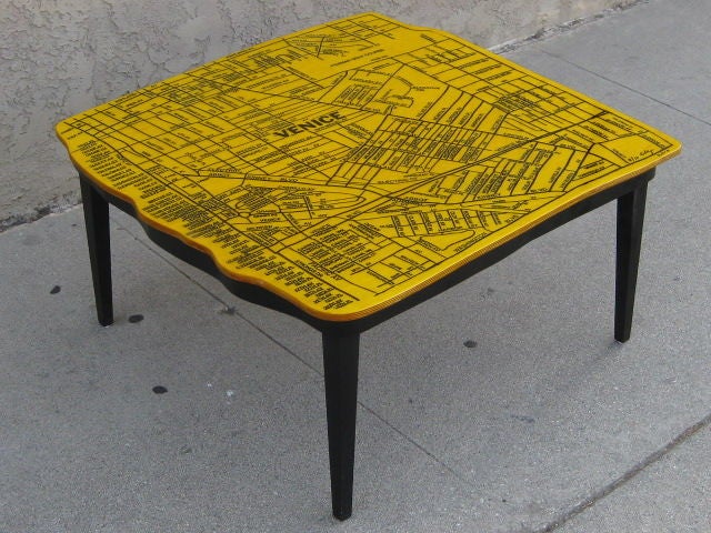 Venice beach coffee table by California artist Doug Edge made from a map screen printed onto a birch wood top which is then cut to the neighborhood contours and sealed in a heavy clear varnish. Limited to an edition of 10 this is signed 8/10 Edge 07.