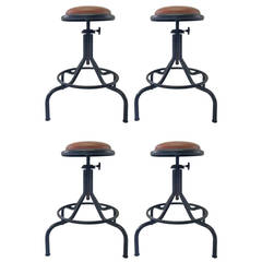 Industrial Style Set of Four Adjustable Industrial Stool with Leather Seat