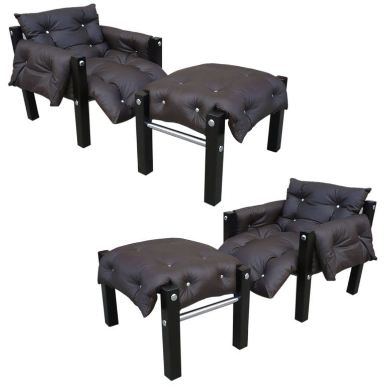 Brazilian Mid-Century Chairs and Ottomans in the Manner of Jean Gillon, Pair