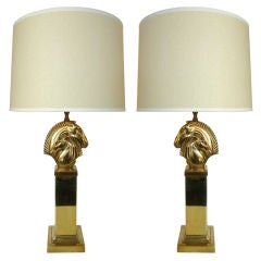 American Mid-Century Gilded Horse's Head Lamps, Pair