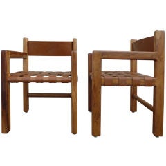 French Mid-Century Woven Seat Leather Chairs, Pair