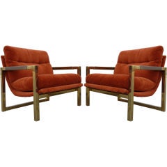 A Pair of Brass Lounge Chairs in the Manner of  Milo Baughman