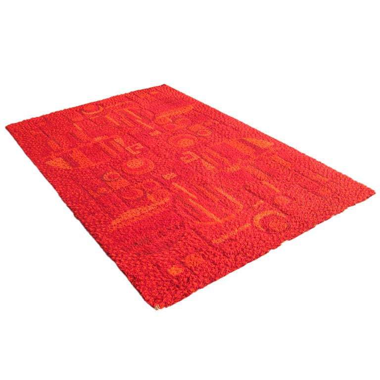 Mid-Century Geometrical Danish Area Rug in Red and Orange at 1stDibs