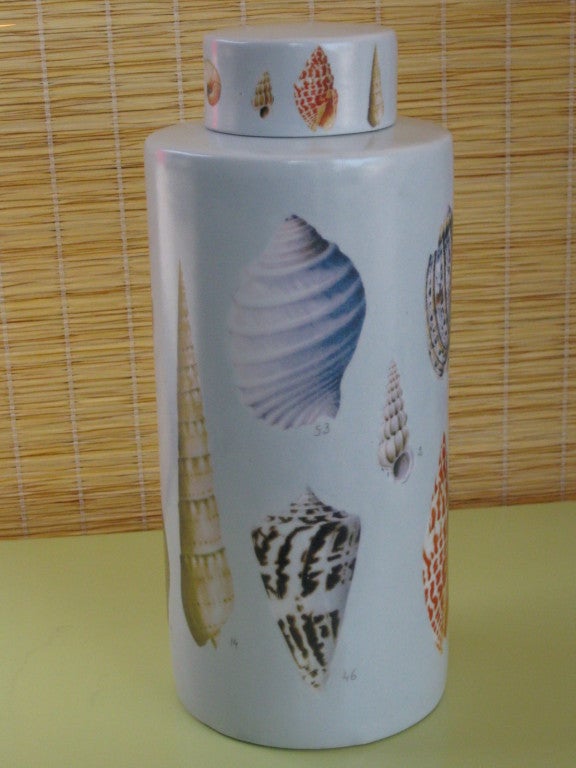 This tea jar was created by Fabienne Jouvin. She is an artist who is passionate about Chinese culture. Her glaze is very similar to the Chinese one: very light blue/grey white. <br />
On this one she painted and numbered highly-realistic seashells